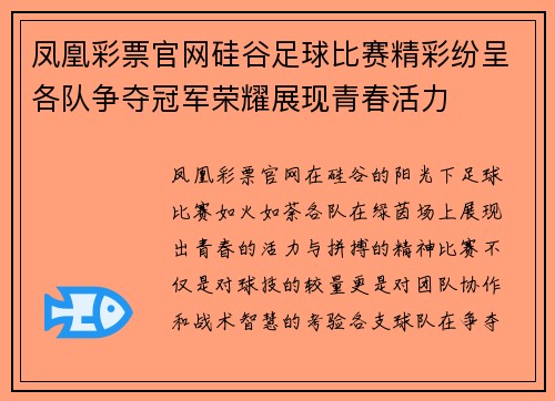 凤凰彩票官网硅谷足球比赛精彩纷呈各队争夺冠军荣耀展现青春活力