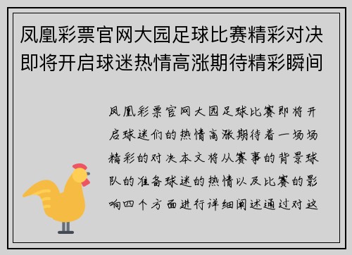 凤凰彩票官网大园足球比赛精彩对决即将开启球迷热情高涨期待精彩瞬间