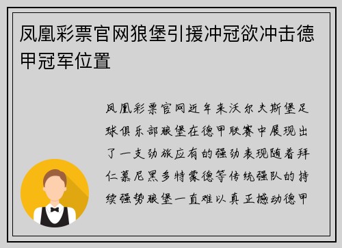 凤凰彩票官网狼堡引援冲冠欲冲击德甲冠军位置